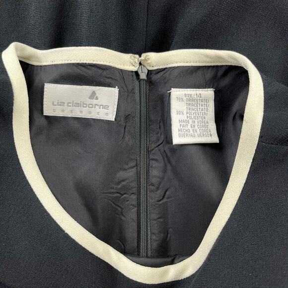 MAEVE | Vintage Liz Claiborne Plus Size 14 Black Pleated Ruffle Ivory Line Dress - Picture 2 of 6